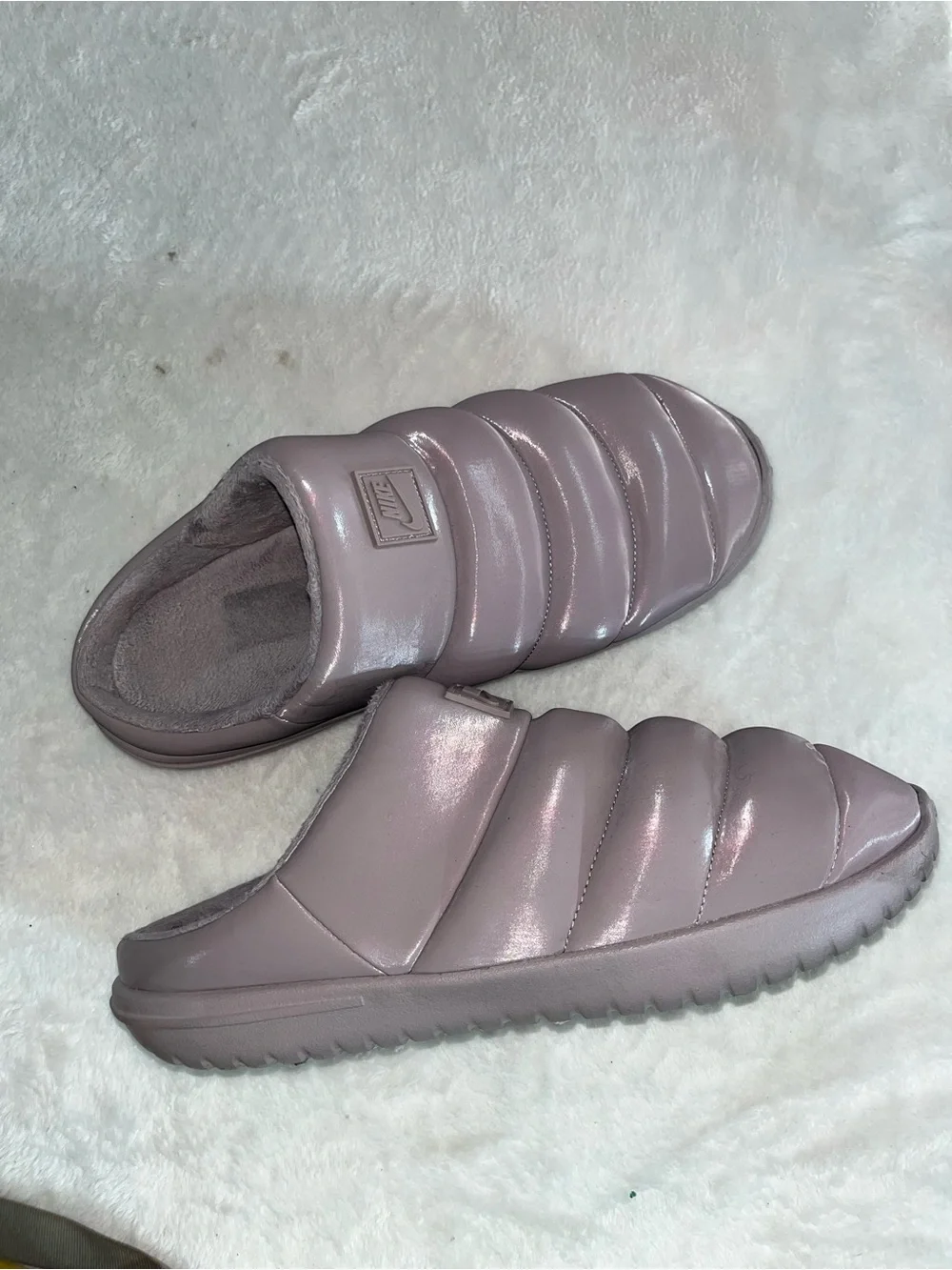 Nike Burrow SE Women's 12 Fuzzy Slippers Light Violet Ore Quilted Puffer Slip On